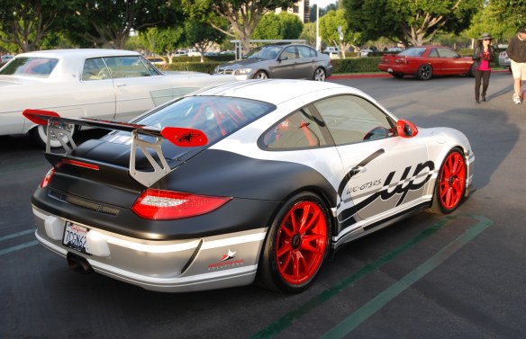 White Porsche 997 GT3 with graphics wrap_3/4 rear view_overflow lot_Cars&Coffee/Irvine_January 4, 2014