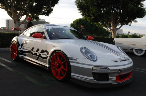 White Porsche 997 GT3 with graphics wrap_3/4 front view_overflow lot_Cars&Coffee/Irvine_January 4, 2014