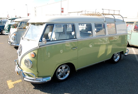 Early 1960s Microbus, pale green & white with Porsche alloys_3/4 front view & reflections_OCTO Winter meet_Long Beach , CA_February 8, 2014 Early 1960s Microbus, pale green & white with Porsche alloys_3/4 front view & reflections_OCTO Winter meet_Long Beach , CA_February 8, 2014