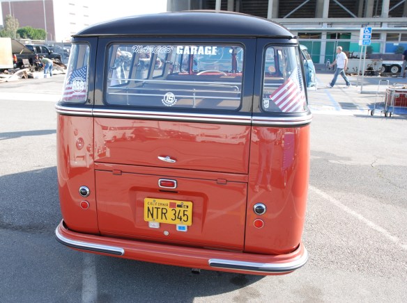 Post 1955 Microbus_Sealing wax red and chestnut brown_rear view & reflections_OCTO Winter meet_Long Beach , CA_February 8, 2014 Post 1955 Microbus_Sealing wax red and chestnut brown_rear view & reflections_OCTO Winter meet_Long Beach , CA_February 8, 2014