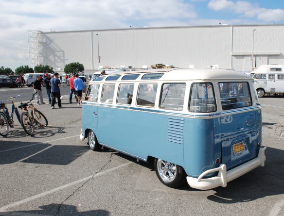 Late 1950s Type 2 in Dove Blue & Linen white_ 3/4 rear view w/reflections_OCTO Winter meet_Long Beach , CA_February 8, 2014 Late 1950s Type 2 in Dove Blue & Linen white_ 3/4 rear view w/reflections_OCTO Winter meet_Long Beach , CA_February 8, 2014