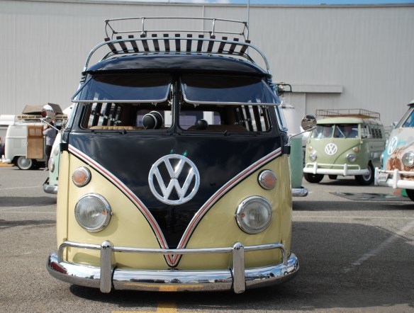 Early 1960s VW Type 2 bus, black & light tan_ front view_OCTO Winter meet_Long Beach , CA_February 8, 2014 Early 1960s VW Type 2 bus, black & light tan_ front view_OCTO Winter meet_Long Beach , CA_February 8, 2014