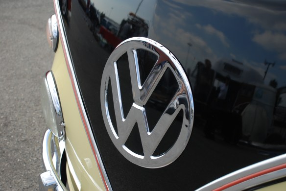 Early 1960s VW Type 2 bus, black & light tan_ nose mounted VW logo & reflections_OCTO Winter meet_Long Beach , CA_February 8, 2014 xEarly 1960s VW Type 2 bus, black & light tan_ nose mounted VW logo & reflections_OCTO Winter meet_Long Beach , CA_February 8, 2014