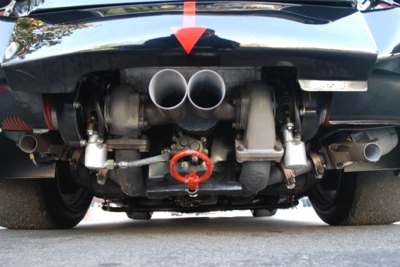 Interscope Racing 1978 Porsche 935_bugs eye view of twin turbo motor & dual wastegates_cars&coffee/irvine_February 15, 2014