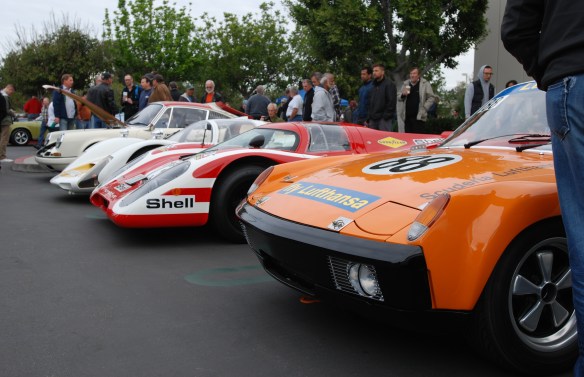 1970 Signal Orange Lufthansa Porsche 914-6 GT with Porsche race cars_ 3/4 front view_cars&coffee/irvine_january 25, 2014
