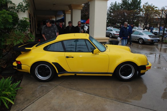 Day glow yellow Porsche 930 turbo_side view & reflections_Phoenix Club Car show & Swap_March 3, 2014