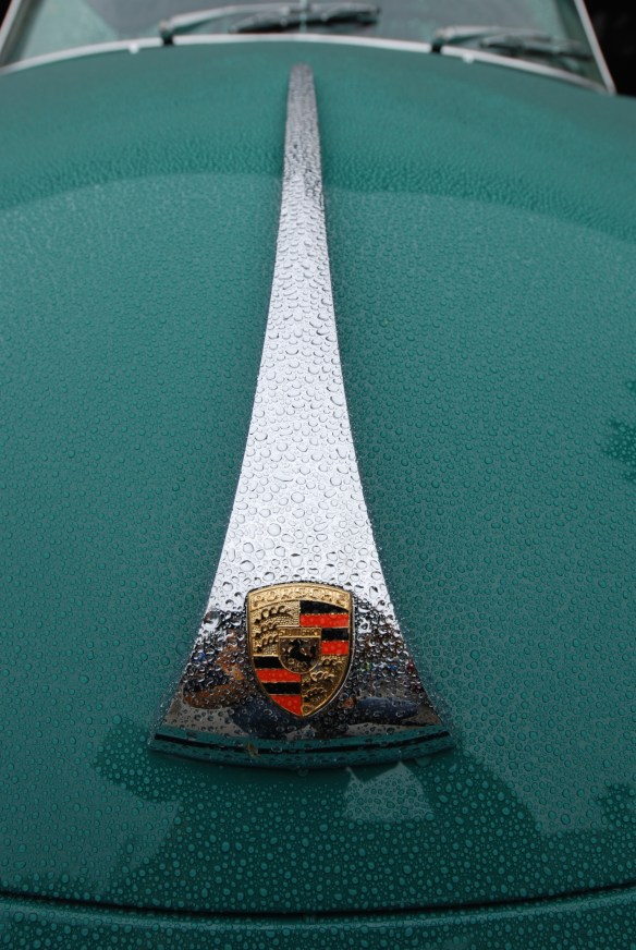 Turquoise green Porsche 356_ front hood handle / badge detail and hood with raindrops_Phoenix Club Car show & Swap_March 3, 2014