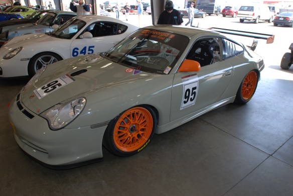 Stone gray type 996 GT3 Cup car_ 3/4 front view in garage _California Festival of Speed_4/5/14