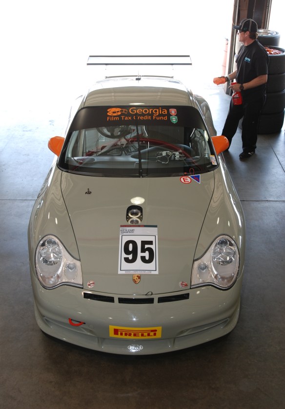 Stone gray type 996 GT3 Cup car_ front view in garage _California Festival of Speed_4/5/14