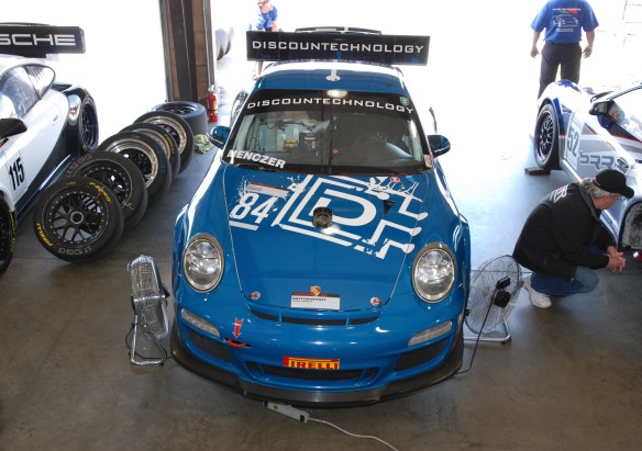 Blue discountechnology type 997 GT3 Cup car_ front view in garage _California Festival of Speed_4/5/14