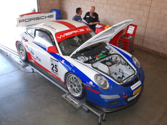 Werks II # 25 Porsche type 997 GT3 Cup car_ 3/4 front view_on corner balance fixture in garage _California Festival of Speed_4/5/14