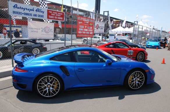 2014 Sapphire Blue metallic Porsche 991 Turbo S_3/4 rear view pit row_California Festival of Speed_4/5/14