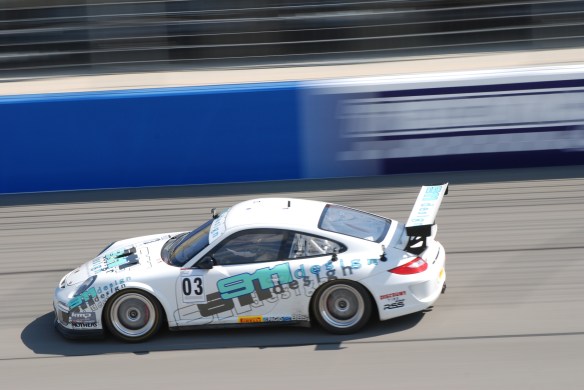 Pirelli GT3 Cup races_ GT3 cup cars / white #03 911 Design Porsche, pan shot_California Festival of Speed_4/5/14