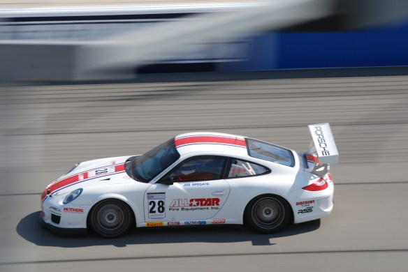 Pirelli GT3 Cup races_ GT3 cup cars / white, red & blue , #28 All Star fire equipment Porsche, pan shot_California Festival of Speed_4/5/14