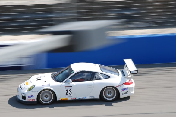 Pirelli GT3 Cup races_ GT3 cup cars / white #23  Porsche GT3 Cup car, pan shot_California Festival of Speed_4/5/14