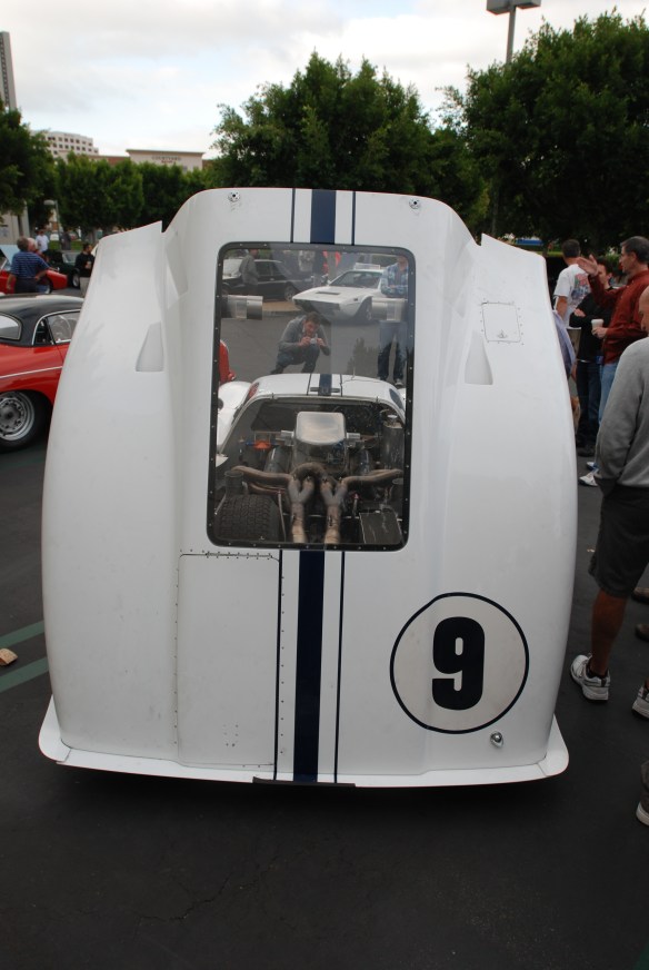 White 1967 Ford GT MK IV_rear view with open decklid_cars&coffee/irvine_May 10, 2014