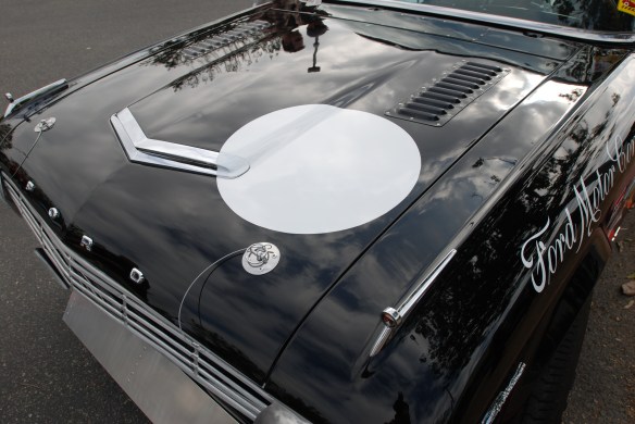 Black 1963 Ford Falcon Sprint /Trans AM racer_closed front hood with meatball and reflections_cars&coffee/irvine_May 10, 2014