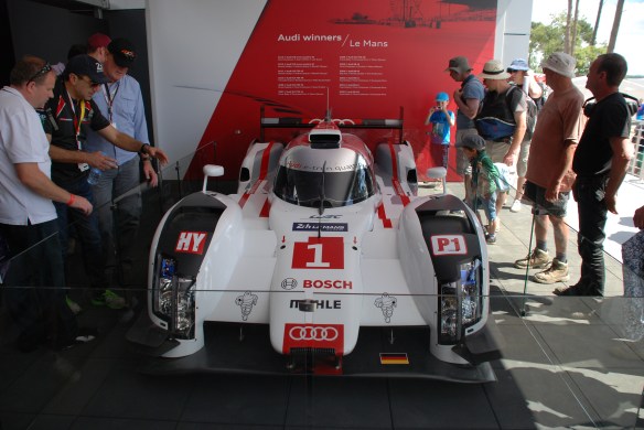 Audi Boutique at La Chapelle_2014 Audi R-18 e-tron on display_front view_Le Mans24_June 14, 2014