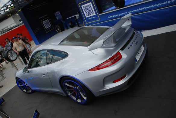 Michelin tire display_ silver 2014 Porsche GT3_village infield_Le Mans24_June 14, 2014