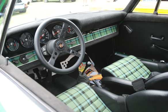 Viper green Porsche 911 RSR 3.6  re creation_interior shot, plaid inserts & alcantera trim_2014 Dana Point concours_July 20, 2014