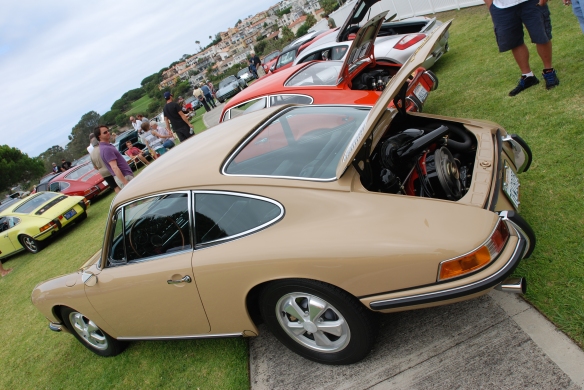 Sand beige 1967 Porsche 911S_3/4 rear view_2014 Dana Point concours_July 20, 2014
