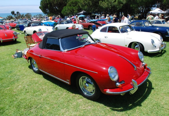 red 356 cabriolet group shot with white 1955 Continental coupe in background_2014 Dana Point concours_July 20, 2014
