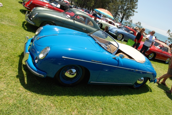 Blue Porsche 356 speedster with tan interior & top_3/4 front view_2014 Dana Point concours_July 20, 2014