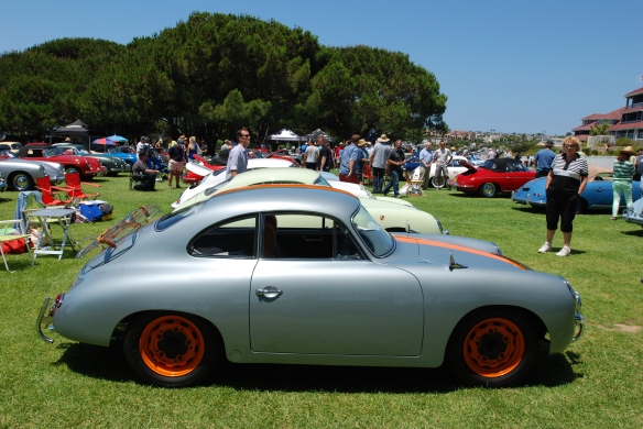 Silver Porsche 356 outlaw coupe with orance wheels and hood stripes_side view_2014 Dana Point concours_July 20, 2014