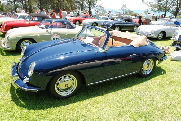 Dark blue Porsche 356 cabriolet with  tan interior & top with reflections_3/4 front view_2014 Dana Point concours_July 20, 2014