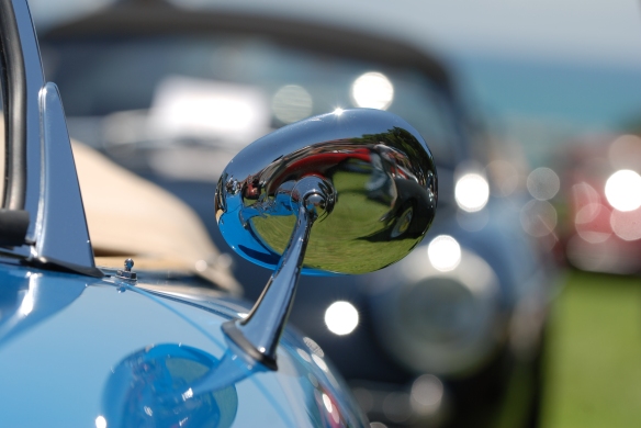 Blue Porsche 356 speedster with tan interior) side mirror reflections shot_2014 Dana Point concours_July 20, 2014