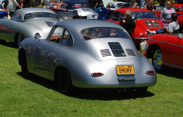 Silver Porsche 356 coupe_ Emory outlaw build_rear view_2014 Dana Point concours_July 20, 2014
