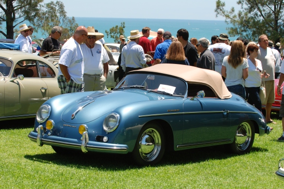 Light metallic blue with tan top, 356 speedster_3/4 front view_2014 Dana Point concours_July 20, 2014