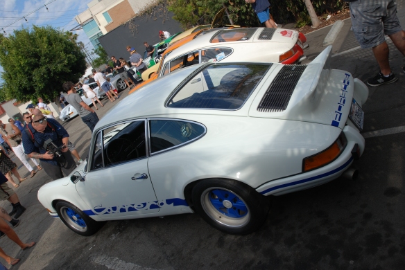 white with blue accents_1973 Porsche 911 Carrera RS_3/4 rear viewLuftgekuhlt event_Sunday September 7, 2014