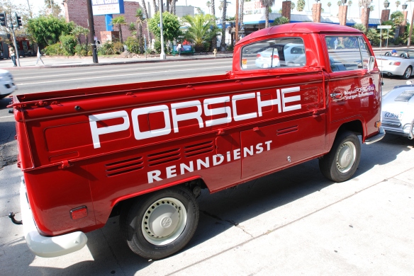 Red VW single cab transporter with Porsche graphics_3/4 side view_ Luftgekuhlt event_Sunday September 7, 2014