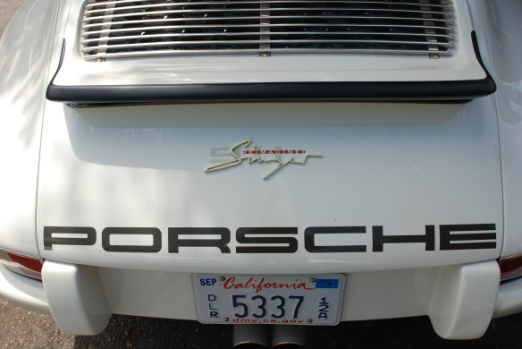 White Singer Porsche 911 coupe_rear decklid with spoiler, grill and graphics_ Luftgekuhlt event_Sunday September 7, 2014