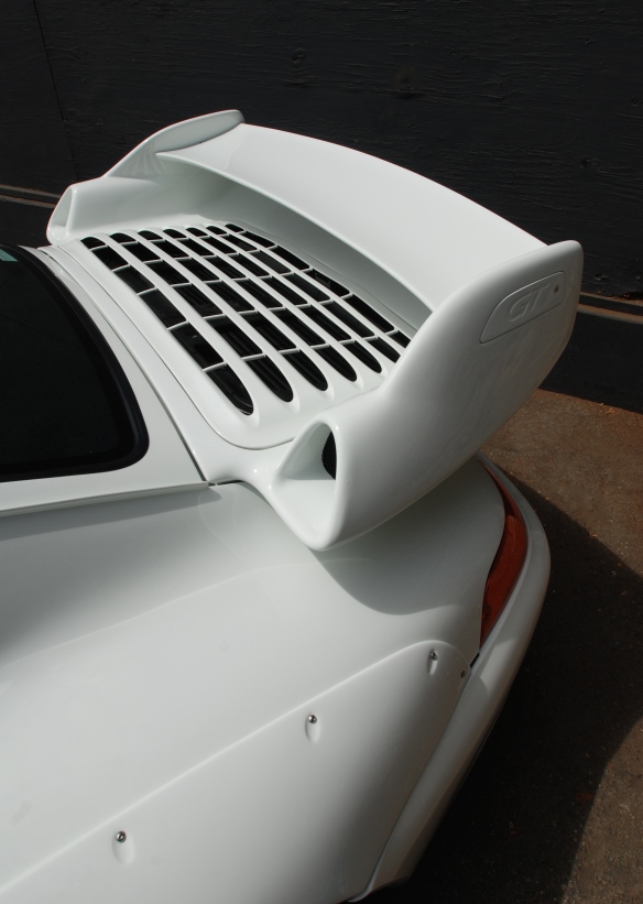 White Porsche 993 GT2 coupe_model specific rear wing_ Luftgekuhlt event_Sunday September 7, 2014