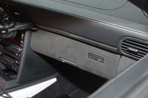 White 2011 Porsche GT3 RS4.0_interior, glove box mounted / series build plaque_cars&coffee_August 2014