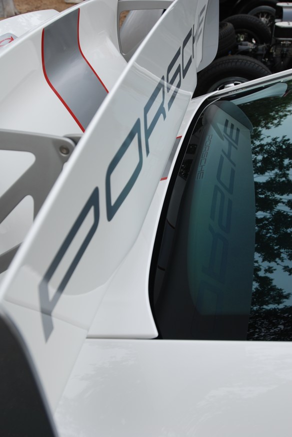 White 2011 Porsche GT3 RS4.0_rear wing and reflections_cars&coffee_August 2014