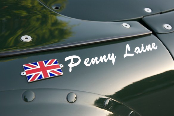 British racing green jaguar E type roadster_Penny Laine fender graphic_cars&coffee_September 13, 2014