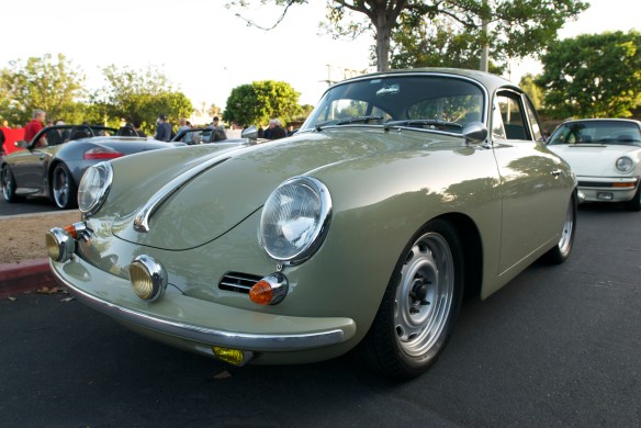 Stone gray Porsche 356 SC coupe_3/4 front view with reflections_cars&coffee_September 27, 2014