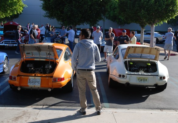 2 Porsche 911 hot rods, rgruppe  style_rear view with opened deckles_cars&coffee_September 27, 2014