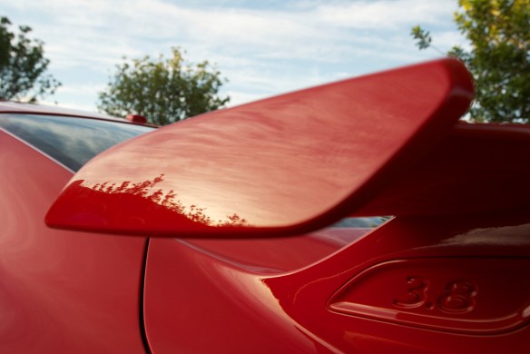 Red Porsche 991 GT3_rear wing endplate with reflections _cars&coffee_October 4, 2014